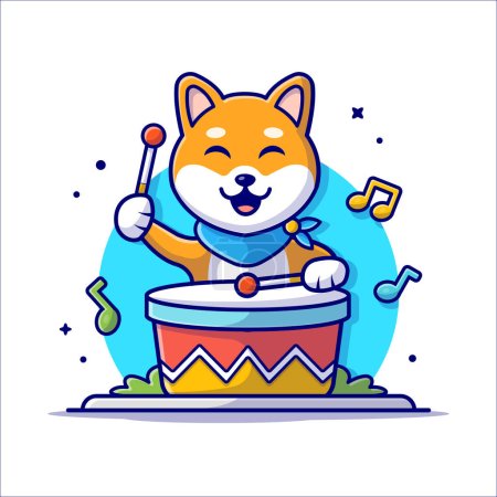 Illustration for Cute Dog Playing Drum with Stick, Tune and Notes of Music Cartoon Vector Icon Illustration. Animal Art Icon Concept Isolated Premium Vector. Flat Cartoon Style - Royalty Free Image
