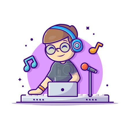 Illustration for Happy Cute Disk Jockey Performance with Headphone Cartoon Vector Icon Illustration. People Art Icon Concept Isolated Premium Vector. Flat Cartoon Style - Royalty Free Image