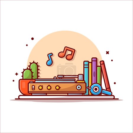 Illustration for Old Music Player with Gramophone, Headphone, Cactus, Books, and Vinyl Cartoon Vector Icon Illustration. Art Education Icon Concept Isolated Premium Vector. Flat Cartoon Style - Royalty Free Image