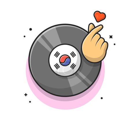 Illustration for Vinyl Disk Music with Finger Heart Cartoon Vector Icon Illustration. Recreation Object Icon Concept Isolated Premium Vector. Flat Cartoon Style - Royalty Free Image