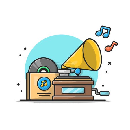 Illustration for Old Music Player with Gramophone with Vinyl Cartoon Vector Icon Illustration. Technology Art Icon Concept Isolated Premium Vector. Flat Cartoon Style - Royalty Free Image