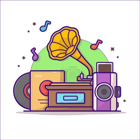 Illustration for Old Music Player with Gramophone , Camera, and Vinyl Music Cartoon Vector Icon Illustration. Technology Art Icon Concept Isolated Premium Vector. Flat Cartoon Style - Royalty Free Image