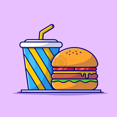 Illustration for Burger And Soda Cartoon Vector Icon Illustration. Food And Drink Icon Concept Isolated Premium Vector. Flat Cartoon Style - Royalty Free Image
