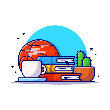 Illustration for Reading with Basket Ball, Coffee, Cactus, and Books Cartoon Vector Icon Illustration. Education Object Icon Concept Isolated Premium Vector. Flat Cartoon Style - Royalty Free Image