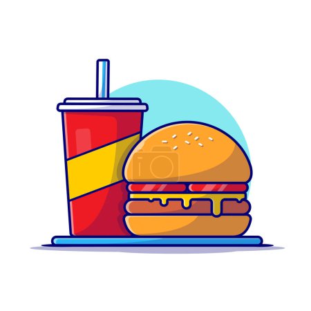 Illustration for Burger And Soda Cartoon Vector Icon Illustration. Food And Drink Icon Concept Isolated Premium Vector. Flat Cartoon Style - Royalty Free Image