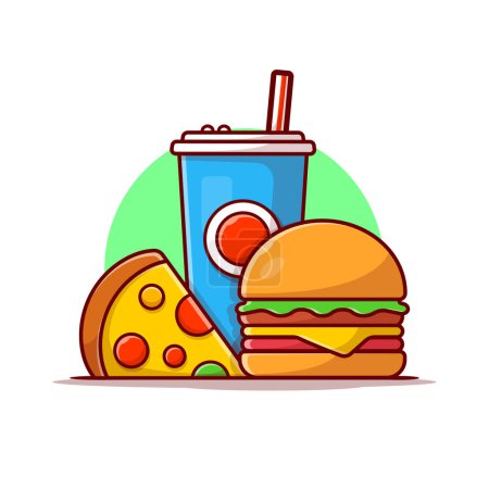 Ilustración de Burger, Pizza and Soda Cartoon Vector Icon Illustration (en inglés). Comida y bebida Concepto de icono Vector Premium aislado. Estilo plano de dibujos animados - Imagen libre de derechos