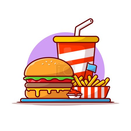 Téléchargez les illustrations : Burger, frites françaises et illustration vectorielle d'icône de dessin animé de soude. Icône de nourriture et de boisson Concept isolé Vecteur Premium. Style de dessin animé plat - en licence libre de droit