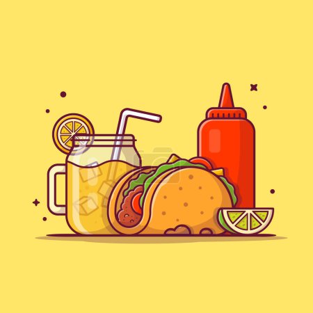 Ilustración de Taco Mexican Food with Lemonade and Ketchup Cartoon Vector Icon Illustration (en inglés). Comida y bebida Concepto de icono Vector Premium aislado. Estilo plano de dibujos animados - Imagen libre de derechos