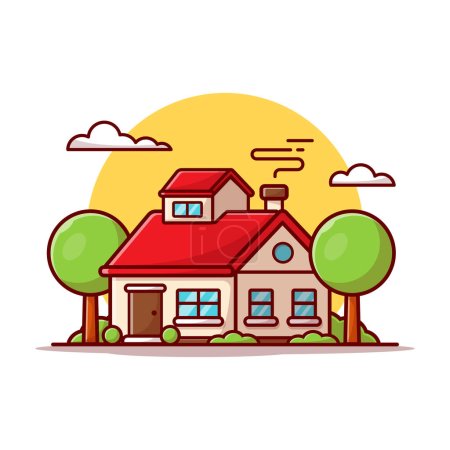 Illustration for Beautiful House with Clouds and Sunset Cartoon Vector Icon Illustration. Building Landmark Icon Concept Isolated Premium Vector. Flat Cartoon Style - Royalty Free Image