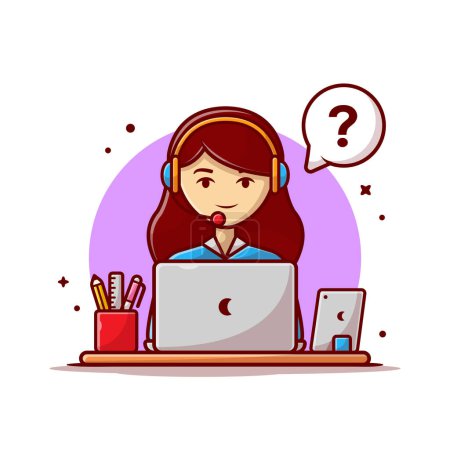 Illustration for Woman customer service working on laptop with headphone. People Business Icon Concept Isolated Premium Vector. Flat Cartoon Style - Royalty Free Image