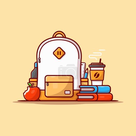 Illustration for Backpack, Book, Apple And Coffee Cup Cartoon Vector Icon Illustration. Education Food Icon Concept Isolated Premium Vector. Flat Cartoon Style - Royalty Free Image