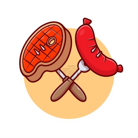 Illustration for Barbecue Beef And Sausage Cartoon Vector Icon Illustration. Food Object Icon Concept Isolated Premium Vector. Flat Cartoon Style - Royalty Free Image