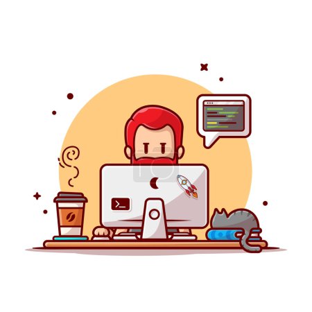 Illustration for Man Working On Computer With Cat Cartoon Vector Icon Illustration. People Technology Icon Concept Isolated Premium Vector. Flat Cartoon Style - Royalty Free Image