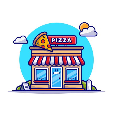 Téléchargez les illustrations : Illustration d'icône vectorielle de dessin animé de Pizza Shop. Icône de bâtiment alimentaire Concept isolé Premium Vector. Style de dessin animé plat - en licence libre de droit