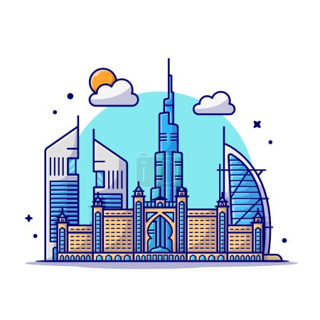 Ilustración de Ciudad Dubai Skyline Cartoon Vector Icono Ilustración. Edificio emblemático Concepto de icono Vector Premium aislado. Estilo plano de dibujos animados - Imagen libre de derechos