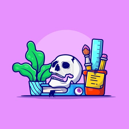 Illustration for Creative Office Workspace with Skull, Book, and Plant Cartoon Vector Icon Illustration. Business Holiday Icon Concept Isolated Premium Vector. Flat Cartoon Style - Royalty Free Image