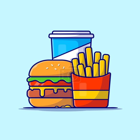 Illustration for Burger, French fries And Soda Cartoon Vector Icon Illustration. Food Object Icon Concept Isolated Premium Vector. Flat Cartoon Style - Royalty Free Image