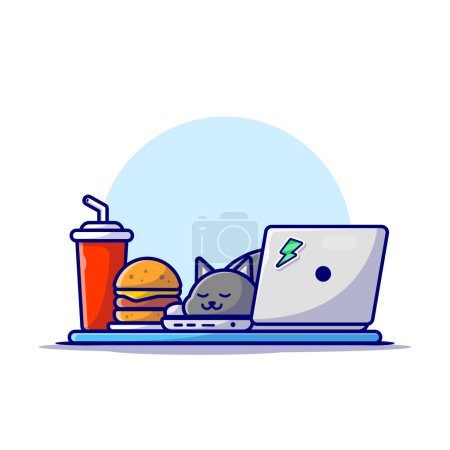 Illustration for Cute Cat Sleeping On Laptop With Burger And Soda Cartoon Vector Icon Illustration. Animal Technology Icon Concept Isolated Premium Vector. Flat Cartoon Style - Royalty Free Image