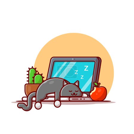 Illustration for Cute Cat Sleeping On Laptop With Apple And Cactus Cartoon Vector Icon Illustration. Animal Technology Icon Concept Isolated Premium Vector. Flat Cartoon Style - Royalty Free Image