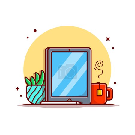 Illustration for Tablet And Stylus Pencil With Tea And Cactus Cartoon Vector Icon Illustration. Technology Drink Icon Concept Isolated Premium Vector. Flat Cartoon Style - Royalty Free Image