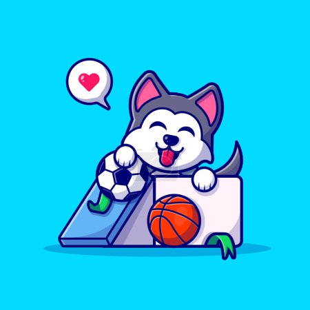 Illustration for Cute Husky Dog In Box With Ball Cartoon Vector Icon Illustration. Animal Sport Icon Concept Isolated Premium Vector. Flat Cartoon Style - Royalty Free Image