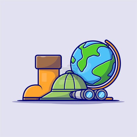 Illustration for Boot Shoes with Hat, Binoculars and Globe World Cartoon Vector Icon Illustration. Nature Object Icon Concept Isolated Premium Vector. Flat Cartoon Style - Royalty Free Image