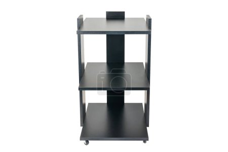 Téléchargez les photos : Cabinet or rack on wheels with shelves on a white isolated background. Black chipboard. - en image libre de droit