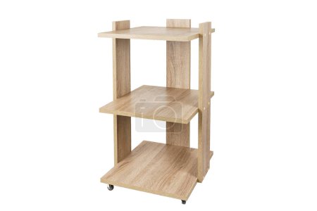 Téléchargez les photos : Cabinet or rack on wheels with shelves on a white isolated background. Wooden chipboard. - en image libre de droit