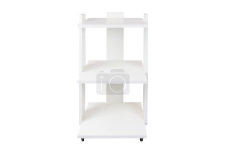Téléchargez les photos : Cabinet or rack on wheels with shelves on a white isolated background. White chipboard. - en image libre de droit