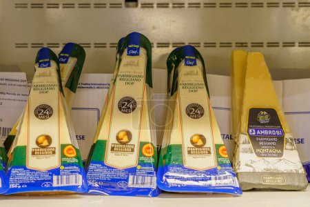 Photo for Italian parmesan cheese. Goods on the store shelf, supermarket showcase. April 14, 2022 Beltsy Moldova. - Royalty Free Image