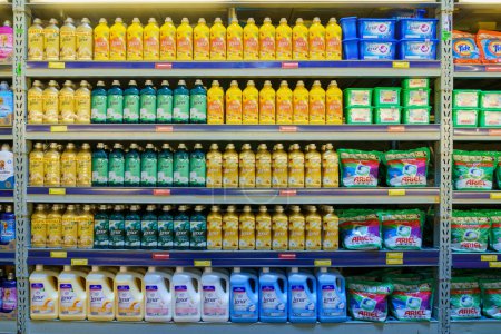 Photo for Fabric softeners on a store shelf in the household chemicals department. April 7, 2022 Beltsy Moldova. - Royalty Free Image