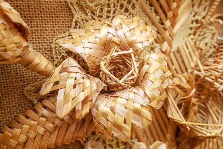 Straw decor. Background with selective focus and copy space for text