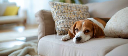 Téléchargez les photos : Beagle dog est allongé sur un canapé confortable dans un salon moderne. Photo de haute qualité - en image libre de droit