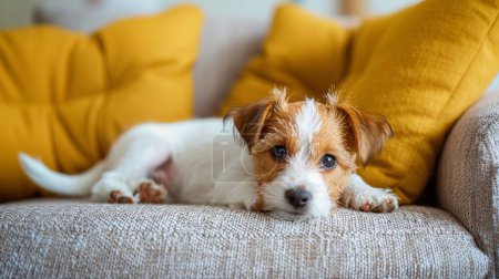Téléchargez les photos : Mignon Jack Russell terrier chiot se trouve sur un canapé confortable dans un salon moderne, copier l'espace. Photo de haute qualité - en image libre de droit