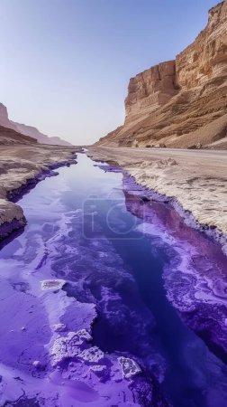 Photo for An oasis with purple water against a white desert background --ar 9:16 --style raw --stylize 250 Job ID: 18592364-aa93-408c-af89-3f84c744e1fb - Royalty Free Image