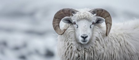 Foto de Retrato de una hermosa oveja islandesa. Retrato de un carnero islandés sobre el telón de fondo de un hermoso paisaje. espacio de copia. Foto de alta calidad - Imagen libre de derechos
