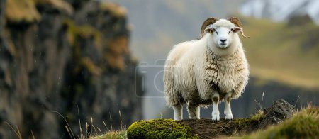 Téléchargez les photos : Portrait d'un beau mouton islandais. Portrait d'un bélier islandais sur fond de paysage magnifique. l'espace de copie. Photo de haute qualité - en image libre de droit