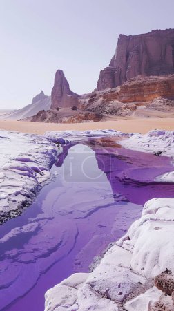 Foto de Un oasis con agua púrpura contra un fondo blanco del desierto -ar 9: 16-estilo crudo-estilizar 250 ID de trabajo: 043784ca-e018-4f20-9a1a-6af4fe4d6a36 - Imagen libre de derechos
