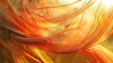 Téléchargez les photos : Fond de textiles à travers lesquels brille la lumière du soleil. textiles se développent dans le vent. espace de copie. toile de fond. Orange - couleur jaune fond textile. Photo de haute qualité - en image libre de droit