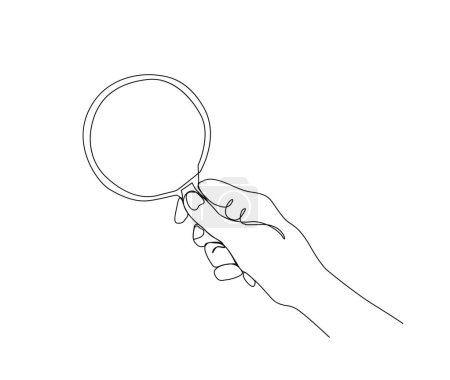 Illustration for Continuous line drawing of magnifying glass. Hand holding magnifying glass line art drawing vector illustration. - Royalty Free Image