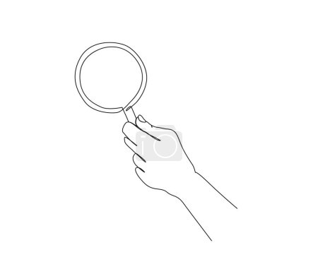 Illustration for Continuous line drawing of magnifying glass. Hand holding magnifying glass line art drawing vector illustration. - Royalty Free Image