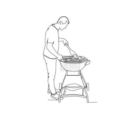 Continuous one line drawing of man cooking meat on barbecue grill . single line of man cooks a barbecue , minimalism style.