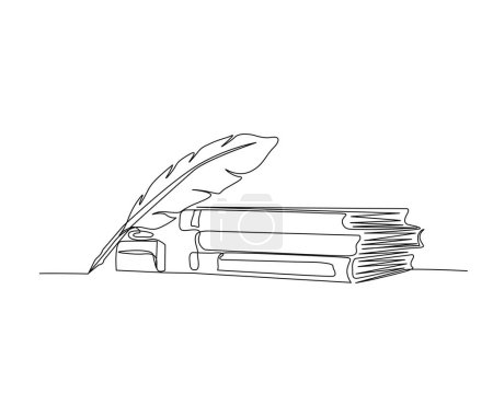 Ilustración de Continuous one line drawing of stack of books, ink and quill pen. Feather Pen Single Line Vector Design. - Imagen libre de derechos