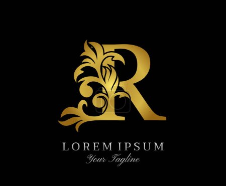 Téléchargez les illustrations : Floral Gold R Luxury Logo Icon. Classy R Letter Logo Design Vector. - en licence libre de droit