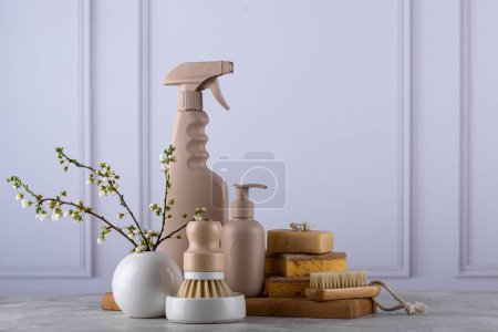 Photo for Eco cleaning with bottles, brushes and sponges, zero waste sustainable concept - Royalty Free Image