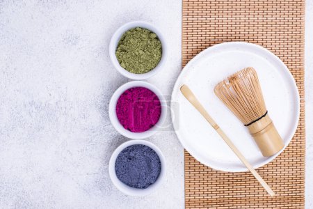 Photo for Green, blue and pink matcha powder for cooking trendy drink - Royalty Free Image