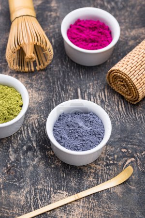 Photo for Green, blue and pink matcha powder for cooking trendy drink - Royalty Free Image