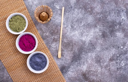 Green, blue and pink matcha powder for cooking trendy drink