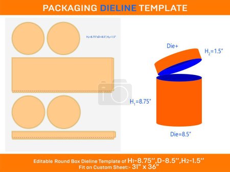 Téléchargez les illustrations : Boîte creme, couvercle rond boîte cadeau dieline modèle avec la dimension H1 8.75xP 8.5xH2 1,5 pouces - en licence libre de droit