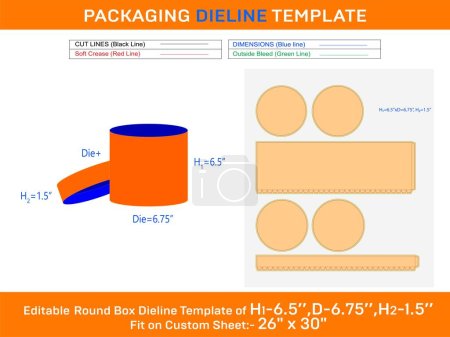 Téléchargez les illustrations : Boîte en papier, couvercle rond boîte cadeau dieline modèle avec la dimension H1 6.5xP 6.75xH2 1,5 pouces - en licence libre de droit
